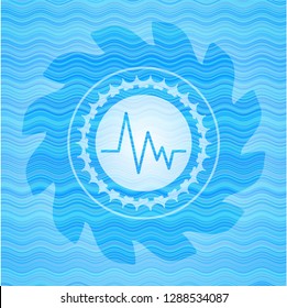 electrocardiogram icon inside sky blue water wave emblem background.