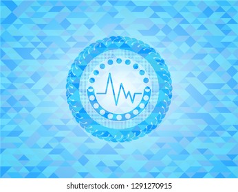 electrocardiogram icon inside sky blue emblem with mosaic background