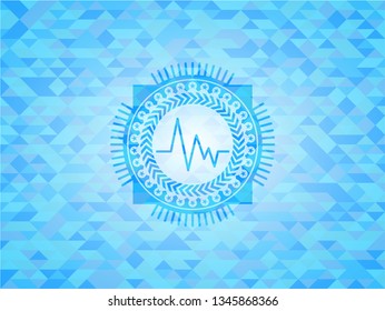 electrocardiogram icon inside sky blue emblem with mosaic ecological style background