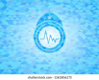 electrocardiogram icon inside sky blue emblem. Mosaic background