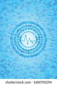 electrocardiogram icon inside sky blue emblem with triangle mosaic background