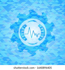 electrocardiogram icon inside sky blue emblem with triangle mosaic background