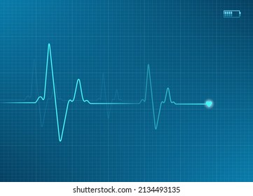 Electrocardiogram illustration in blue color with battery icon