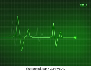 Electrocardiogram illustration in green color with battery icon