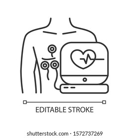 Electrocardiogram linear icon. Heart disease examination. Pulse rate on screen. Cardiology. Medical procedure. Thin line illustration. Contour symbol. Vector isolated outline drawing. Editable stroke
