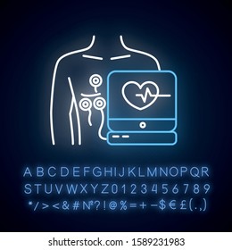 Electrocardiogram neon light icon. Heart disease examination. Pulse on screen. Cardiology, cardiograph. Medical procedure. Glowing sign with alphabet, numbers and symbols. Vector isolated illustration