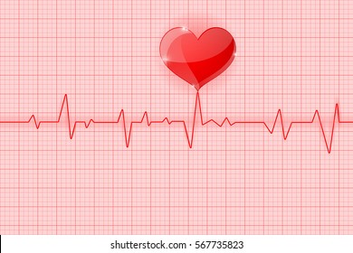 Electrocardiogram. Red waves with heart symbol. Vector 3d illustration