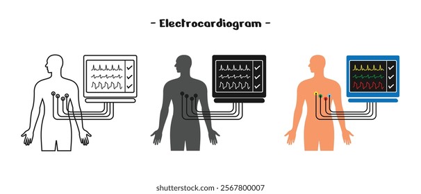 electrocardiogram set design, medical diagnostic equipment, available outline, solid and colored, editable vector eps 10.