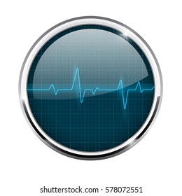Electrocardiogram sign. Blue waves. Round 3d icon with chrome frame. Vector illustration isolated on white background.