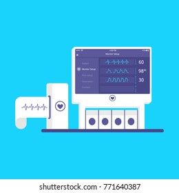 Electrocardiograph machine vector.  Flat  medical ekg device. Medical equipment.