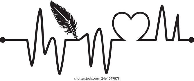 Electrocardiography Line - Heartbeat pulse line with Feather Quill design vector