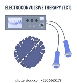 Electroconvulsive therapy for severe depression and schizophrenia treatment. ECT electrodes placement. Brain stimulation equipment for bipolar and major depressive disorders. Vector illustration.