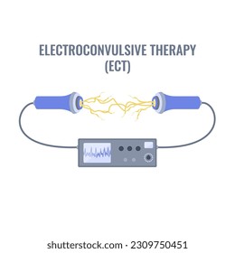 Electroconvulsive therapy for severe depression and schizophrenia treatment. ECT electrodes placement. Brain stimulation equipment for bipolar and major depressive disorders. Vector illustration.