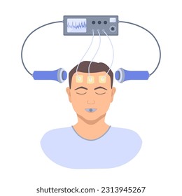 Electroconvulsive therapy for severe depression and schizophrenia treatment. ECT electrodes placement on a male patient. Brain stimulation equipment for major depressive disorders. Vector illustration