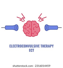 Electroconvulsive therapy for severe depression and schizophrenia treatment. ECT electrodes placement. Brain stimulation equipment for bipolar and major depressive disorders. Vector illustration.