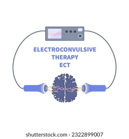 Electroconvulsive therapy for severe depression and schizophrenia treatment. ECT electrodes placement. Brain stimulation equipment for bipolar and major depressive disorders. Vector illustration.