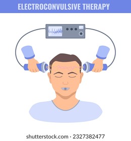 Electroconvulsive therapy for severe depression and schizophrenia treatment. ECT electrodes placement on a male patient. Brain stimulation equipment for major depressive disorders. Vector illustration