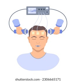 Electroconvulsive therapy for severe depression treatment. ECT electrodes placement on male patient. Brain stimulation equipment for bipolar and major depressive disorders. Vector medical illustration