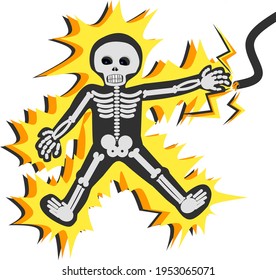 Electrocuted human skeleton due to broken electrical wires. Beware of broken wire. High voltage caution. Electric shock. Cartoon vector illustration.