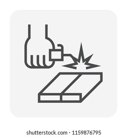 Electrode welding icon. Include welding electrode stick, holder, workpiece and hand welder. For welding process to join metal by electricity i.e. fabrication, construction, pipeline welding. 64x64 px.