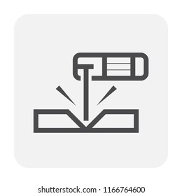 Electrode welding icon. Include welding electrode stick, holder, workpiece. For welding process to join metal by electricity i.e. fabrication, construction, erection, manufacturing, pipeline welding.
