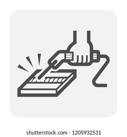 Electrode welding icon. Include welding electrode stick, holder, workpiece and hand welder. For welding process to join metal by electricity i.e. fabrication, construction, erection, pipeline welding.