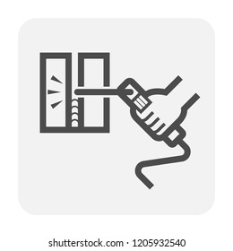 Electrode welding icon. Include welding electrode stick, holder, workpiece and hand welder. For welding process to join metal by electricity i.e. fabrication, construction, erection, pipeline welding.