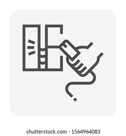 Electrode welding icon. Include welding electrode stick, holder, workpiece and hand welder. For welding process to join metal by electricity i.e. fabrication, construction, erection, pipeline welding.