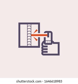 Electrode welding icon. Include welding electrode stick, holder, workpiece. For welding process to join metal by electricity i.e. fabrication, construction, erection, manufacturing, pipeline welding.