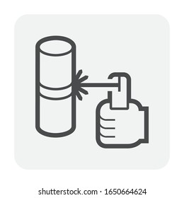 Electrode welding icon. Include welding electrode stick, holder, pipe workpiece and hand welder. For welding process to join metal by electricity i.e. fabrication, construction, pipeline welding etc.