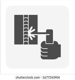 Electrode welding icon. Include welding electrode stick, holder, workpiece and hand welder. For welding process to join metal by electricity i.e. fabrication, construction, erection, pipeline welding.