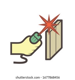 Electrode welding icon. Include welding electrode stick, holder, workpiece and hand welder. For welding process to join metal by electricity i.e. fabrication, construction, erection, pipeline welding.