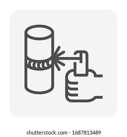 Electrode welding icon. Include welding electrode stick, holder, pipe workpiece and hand welder. For welding process to join metal by electricity i.e. fabrication, construction, pipeline welding etc.