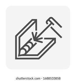 Electrode welding icon. Include welding electrode stick, holder, workpiece. For welding process to join metal by electricity i.e. fabrication, construction, erection, manufacturing, pipeline welding.
