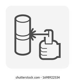 Electrode welding icon. Include welding electrode stick, holder, pipe workpiece and hand welder. For welding process to join metal by electricity i.e. fabrication, construction, pipeline welding etc.