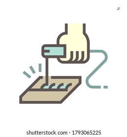 Electrode welding icon. Include welding electrode stick, holder, workpiece and hand welder. For welding process to join metal by electricity i.e. fabrication, construction, pipeline welding. 64x64 px.