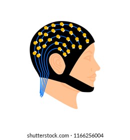 Electroencephalography vector concept. Brain wave measurement. Human head in EEG cap