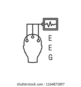 Electroencephalography vector line icon. Brain wave measurement. Human head in EEG cap