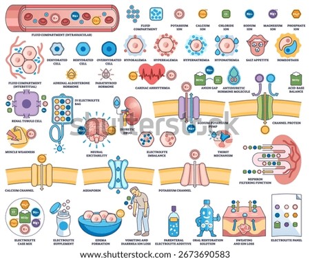 Electrolyte balance is shown with ions, cells, and kidney function diagrams, illustrating fluid compartments and imbalances. Outline style worksheet collection