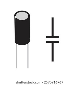 electrolytic capacitor with its symbol isolated on white background