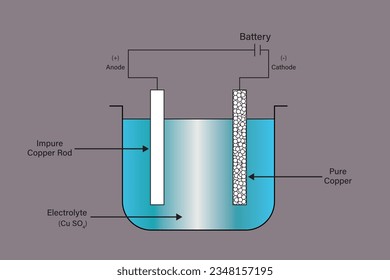 Electrolytic refining of copper. Copper electro-refining Scientific Diagram. Refining of Metals. An electrolytic tank containing acidified CuSO4 solution which acts as an electrolyte. Chemistry.