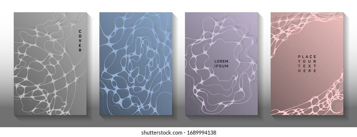 Electromagnetic field concept abstract vector covers. Curly waves geometry backgrounds. Colorful title page vector templates. Science fiction cover pages graphic design set.