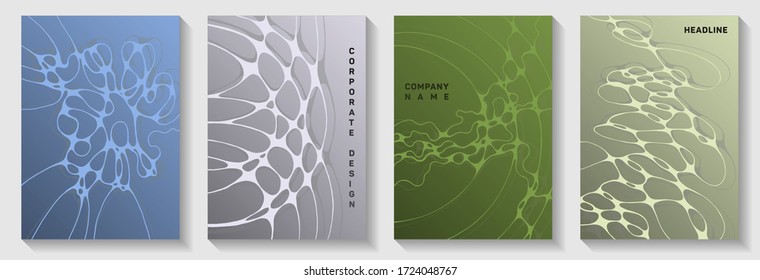 Electromagnetic field concept abstract vector covers. Smooth curve lines blend backgrounds. Openwork brochure vector templates. Science fiction cover pages graphic design set.