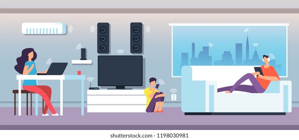 Electromagnetic Field In Home. People Under EMF Waves From Appliances And Devices. Electromagnetic Pollution Vector Concept. Illustration Of Smart Network Communication Wifi Digital