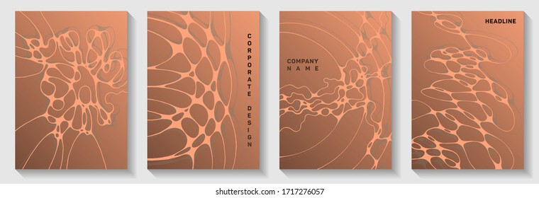 Electromagnetic field idea abstract vector covers. Dynamic waves surface backgrounds. Vivid magazine vector layouts. Radio physics cover pages graphic design set.