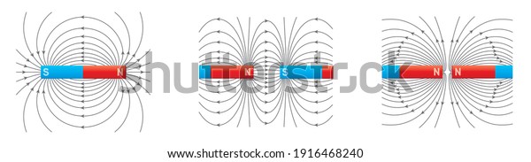 Electromagnetic field and magnetic\
force. Polar magnet schemes. Educational magnetism physics vector.\
Magnetic field earth, science physics education\
illustration