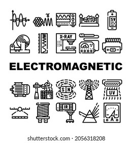 Electromagnetic Science Physics Icons Set Vector. Electromagnetic And Ultraviolet Waves, X-ray Electronic Equipment And Spectrum Range, Prism Light And Sv Battery Contour Illustrations