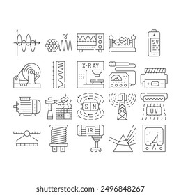 Electromagnetic Science Physics Icons Set Vector. Electromagnetic And Ultraviolet Waves, X-ray Electronic Equipment And Spectrum Range, Prism Light And Sv Battery Contour Illustrations