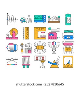 Electromagnetic Science Physics Icons Set Vector. Electromagnetic And Ultraviolet Waves, X-ray Electronic Equipment And Spectrum Range, Prism Light And Sv Battery Contour Illustrations