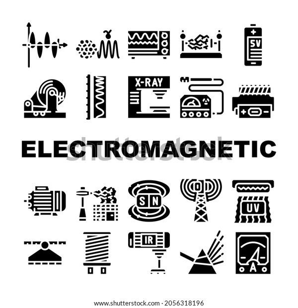 Electromagnetic Science Physics Icons Set
Vector. Electromagnetic And Ultraviolet Waves, X-ray Electronic
Equipment And Spectrum Range, Prism Light And Sv Battery Glyph
Pictograms Black
Illustrations